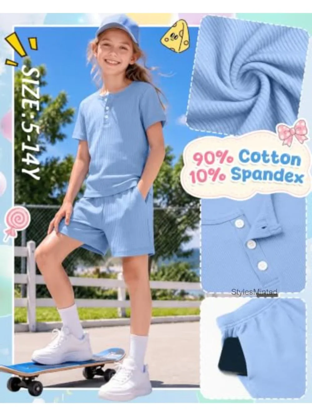 Girls 2 Piece Cotton Summer Outfit Set - Short Sleeve Top & Shorts, Henley